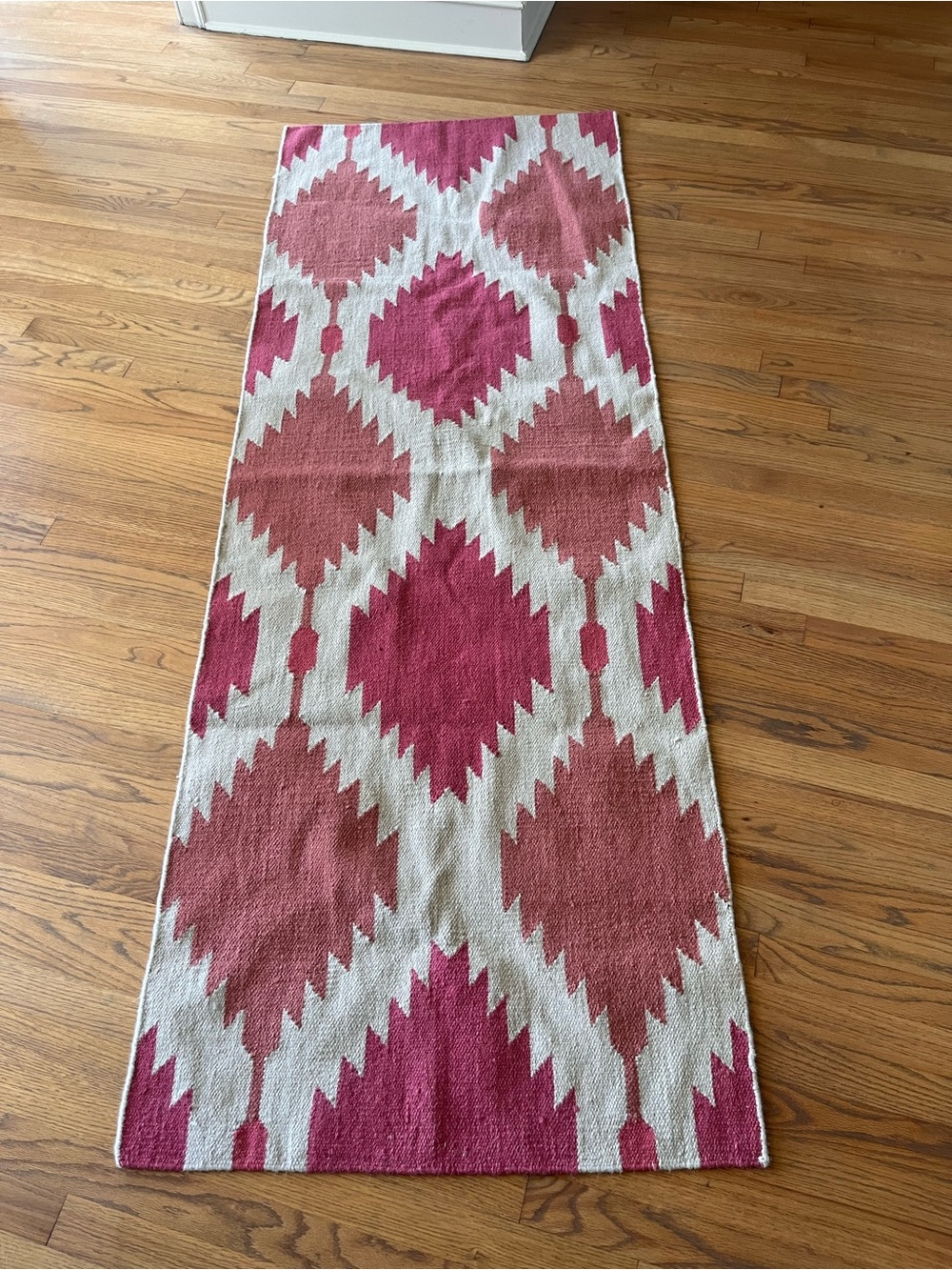 Handwoven Kilim Style Wool Runner Rug Pink Mauve Cream (30x84” )(2.5x7 Ft)